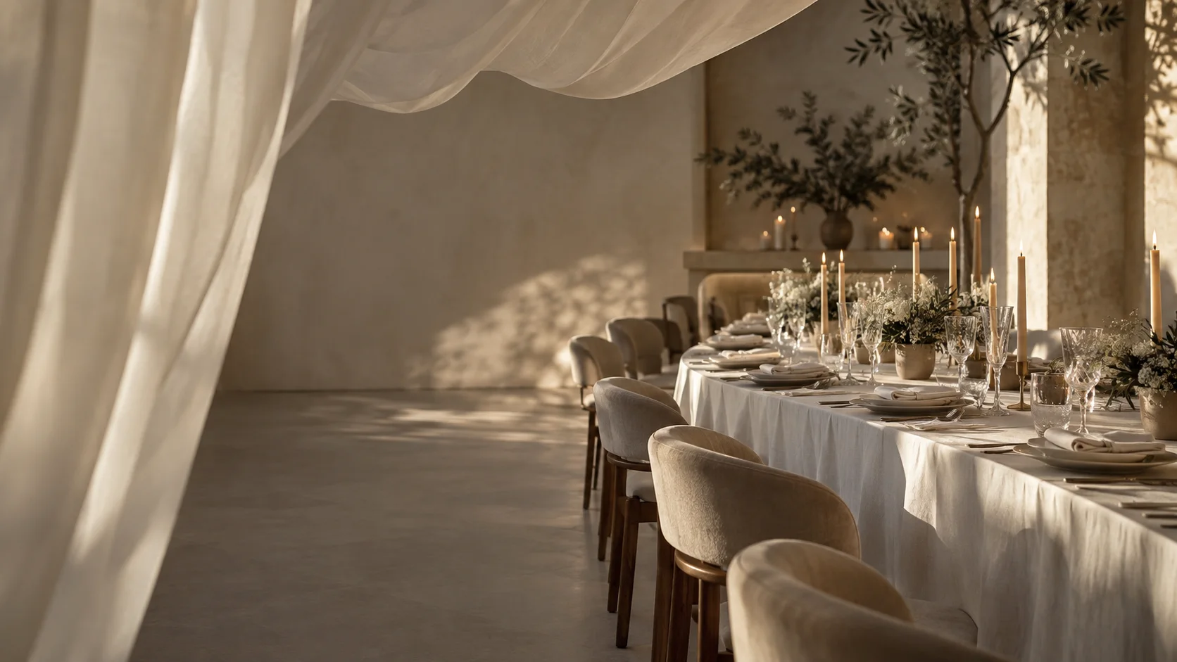 imagem ilustrativa: jantar conceitual com luz natural, flores claras, velas e tecido de seda, em enquadramento de detalhes